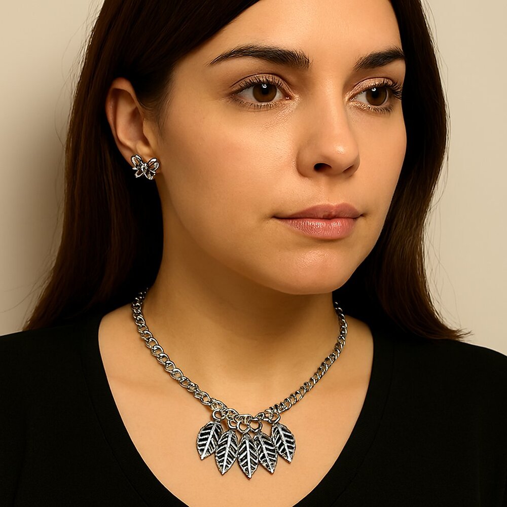 Silver-Tone Leaf Charm Necklace & Butterfly Stud Earrings Set – Nature Jewelry